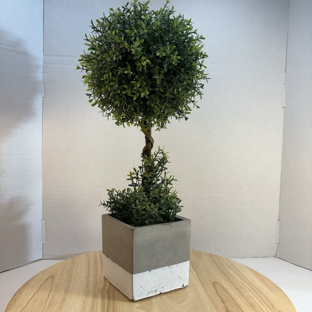 Artificial Topiary Tree Potted Green Square Gray/White Planter 4in x 16in